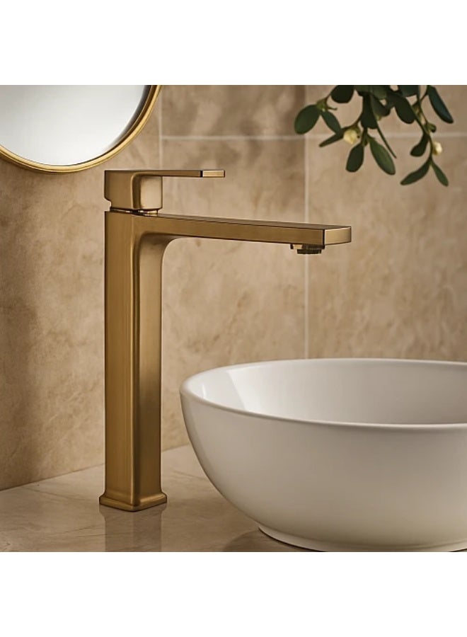 Matte gold tall square sink mixer with hoses - Image 1